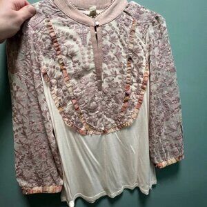 Anthropologie Tiny Brand -Embroidered Peasant Top Boho, Cream & Pink, Small